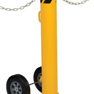 The Vestil Movable Bollard W/ Slots 42X5.5 features a yellow portable barrier post with a top chain and two wheels for easy mobility, topped by a silver cap and adorned with black diagonal stripes, perfect for versatile positioning.