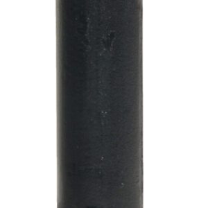 The Vestil Ornamental Steel Bollard Surface Mount showcases a tall black cylindrical design with two horizontal ridges and circular loops at the top and bottom. Its wide base supports the column, with a textured, slightly worn surface.
