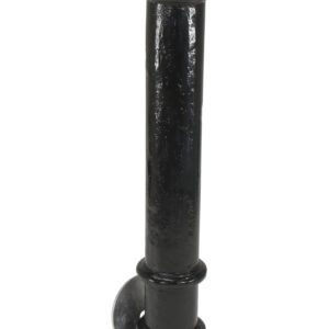 The Vestil Ornamental Steel Bollard Underground Mount is a glossy black cylindrical bollard with circular rings near the top and middle, securely mounted on a square base with a round metal plate, providing both durability and style.
