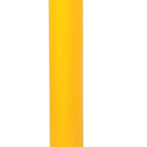 The yellow Vestil Removable Stl Pipe Safety Bollard 36X5.5 stands upright, includes black diagonal stripes at the top, and features a sturdy base plate for secure mounting.