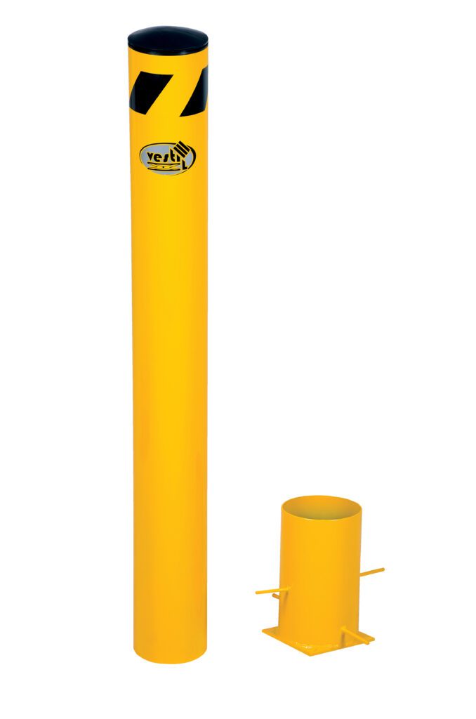 BOL-R-42-5.5_A.jpg This yellow cylindrical safety bollard with a black top and stripes stands beside a matching yellow base with four installation rods, displaying the Vestil brand logo.