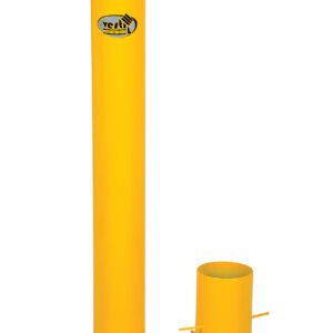 This yellow cylindrical safety bollard with a black top and stripes stands beside a matching yellow base with four installation rods, displaying the Vestil brand logo.