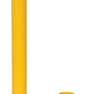 A tall, yellow Vestil Removable Stl Pipe Safety Bollard 48X5.5 with black top stripes is next to a shorter base, each fastened by two bolts on either side, against a white background.