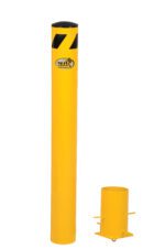 The Vestil Removable Stl Pipe Safety Bollard 72X5.5 is a tall, bright yellow bollard with a black cap and diagonal black stripes near the top. It stands beside its cylindrical base, featuring a distinctive logo for visibility and brand identity.
