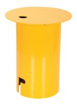The Vestil Option Sleeve Cover Removable Bollard is a yellow, cylindrical metal object with a flat circular top featuring a small hole. It has a notch on the bottom for easy handling and a smooth, glossy surface. An optional removable sleeve cover adds versatility.