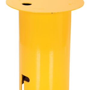 The Vestil Option Sleeve Cover Removable Bollard is a yellow, cylindrical metal object with a flat circular top featuring a small hole. It has a notch on the bottom for easy handling and a smooth, glossy surface. An optional removable sleeve cover adds versatility.