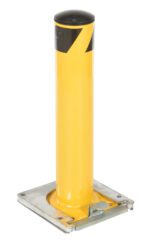 A retractable bollard in yellow and black mirrors the design of the Vestil Stl Pipe Bollard Surface Mounted 24X4.5. It is cylindrical with a square base, featuring a glossy finish for secure ground mounting.