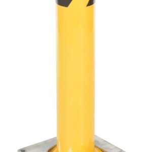 A retractable bollard in yellow and black mirrors the design of the Vestil Stl Pipe Bollard Surface Mounted 24X4.5. It is cylindrical with a square base, featuring a glossy finish for secure ground mounting.