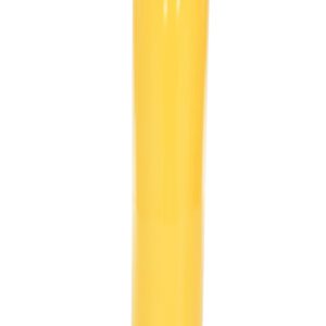 A tall, cylindrical yellow bollard with a black diagonal stripe near the top stands upright on a square base resembling the Vestil Stl Pipe Bollard Surface Mounted 42X5.5 against a white background.