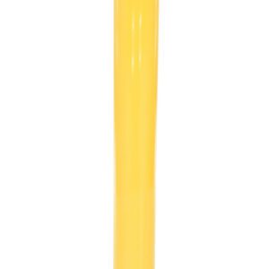The Vestil Stl Pipe Bollard Surface Mounted 48x4.5 has a yellow body with a black top and diagonal stripe, offering practicality and durability as a retractable or removable barrier, ensuring safety with style.