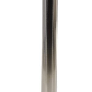 The Vestil Stainless Stl Pipe Safety Bollard 42X4.5 showcases a unique design with a black and yellow striped band at the top and is firmly positioned on a compact square base.