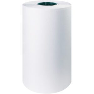 A large, upright MH-USA 15 Butcher Paper Roll (1000/roll) appears immaculately plain and white, with a striking green core at the center, neatly wound into a smooth cylindrical shape against a pristine white background.