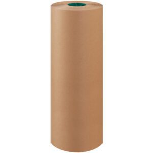 A large roll of MH-USA 24 Unbleached Butcher Paper stands upright, tightly wound around a green inner core. Its smooth surface is perfect for wrapping or crafting projects, providing 1000 feet per roll.