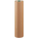 A tall roll of MH-USA 36 unbleached butcher paper stands upright against a white background, its smooth brown kraft tightly wound with a green core visible.