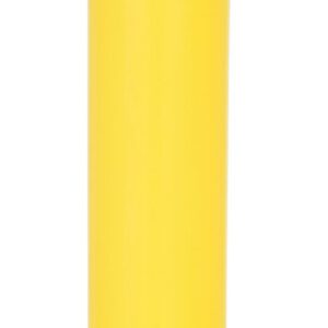 The Vestil Plastic Bollard Post Cover Red Tape 52X7 is a tall, yellow cover with a rounded top and two thin red bands near the top. Its smooth, shiny surface highlights the striking red tape detail.