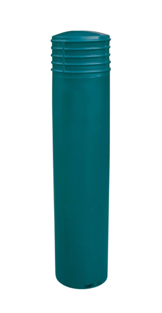 BPC-DC-FG_A.jpg The Vestil Cinco-Green Bollard Cover 52 In is a cylindrical green plastic cover with a rounded top and ribbed upper section, smooth surface, and flat base.