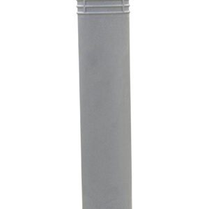 A tall, cylindrical gray bollard with horizontal grooves near the top resembles a Vestil Cinco-Gray Bollard Cover 52 In. Crafted from metal or concrete, its ideal as a traffic barrier or in architectural settings against a plain white background.