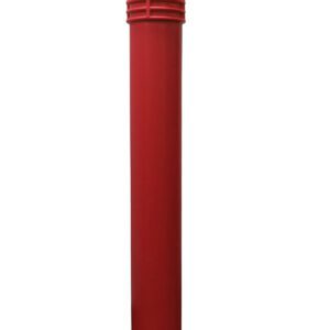 A tall, cylindrical red bollard with a smooth surface and ridged top stands upright against a plain white background. Its sleek design mirrors the Vestil Cinco-Red Bollard Cover 52 In, offering style and protection to any setting.