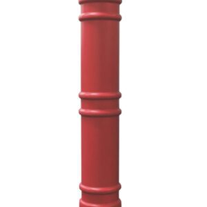 The sleek Vestil Metro-Red Bollard Cover 52 In is a tall, red cylindrical post with rounded edges and horizontal grooves encircling it at regular intervals, standing alone against a plain white background, exuding modernity.