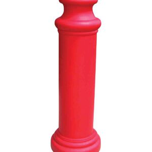 The Vestil Pawn-Red Bollard Cover 49 In is a red, cylindrical cover with a flat top and decorative base, standing against a plain white background.