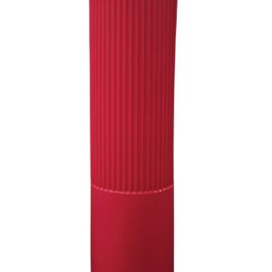 The Vestil Rib-Red Bollard Cover 52 In is a tall, cylindrical item with a textured top and smooth bottom, distinguished by its bright red color.