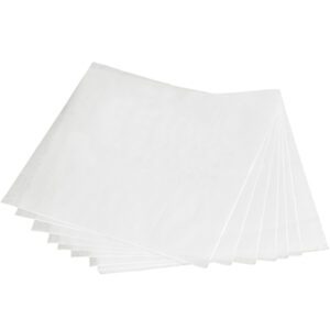 A bundle of MH-USA 36 x 36 Butcher Paper Sheets arranged in a fan pattern atop a simple white surface, showcasing their translucent and slightly glossy finish.
