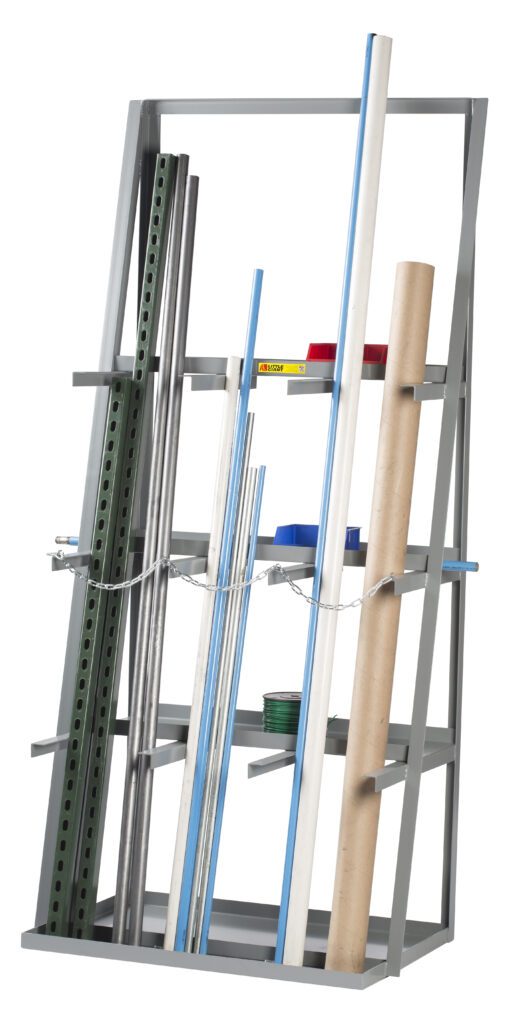 The Little Giant Vertical Bar Rack - 84 is a durable metal storage unit for long materials like rods, pipes, and tubes. It includes multiple shelves and a security chain, standing elegantly against a plain white backdrop.