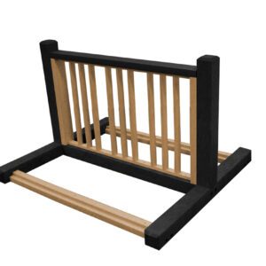 An upside-down wooden structure, similar to a bed frame with vertical slats and a simple rectangular design, reflects the contrasting black and cedar tones of the Vestil Bike Rack Black/Cedar 6 Positions.