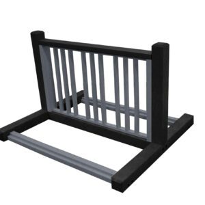 Introducing the Vestil Bike Rack Black/Charcoal 6 Positions: a simple yet sturdy black and gray metal frame with vertical bars, designed to securely hold bicycles against a plain white background.