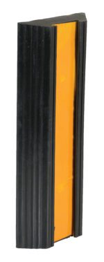 The Vestil Extruded Rubber Bumper Stop 12L In features a reflective safety bollard with a black-bordered vertical orange strip for visibility and ribbed texture on its sides for enhanced resilience and durability.