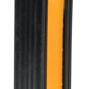 The Vestil Extruded Rubber Bumper Stop 12L In features a reflective safety bollard with a black-bordered vertical orange strip for visibility and ribbed texture on its sides for enhanced resilience and durability.