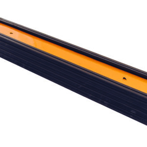 The Vestil Extruded Rubber Bumper Stop 18L In has a bright yellow surface, black sides, and measures 18 inches in length. For durability and secure installation, it includes two bolt holes.