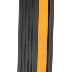 A vertical black strip featuring a central orange reflective surface, similar to the Vestil Extruded Rubber Bumper Stop 24L In, likely used for traffic or safety signage.