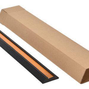 An open, long rectangular cardboard box on a white surface contains the Vestil Extruded Rubber Bumper Stop 36L next to a black protective casing with an orange interior.