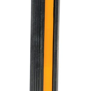 A tall, rectangular object with a ribbed black exterior and an orange center strip resembles the Vestil Extruded Rubber Bumper Stop 36L In, standing vertically against a white background, exuding a sleek industrial vibe.