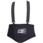 Front view of a black back support belt with gray suspenders showcases a sleek DK1 patch, enhanced for comfort and functionality by the MH-USA Lumbar Pad - Small.