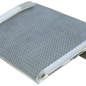 The Vestil Aluminum Truck Dockboard 9000 Lbs 60X66 features a diamond plate texture and safety edges. Designed for accessibility, this metal wheelchair ramp supports up to 9000 lbs with an inclined surface, measuring 60 x 66 inches.