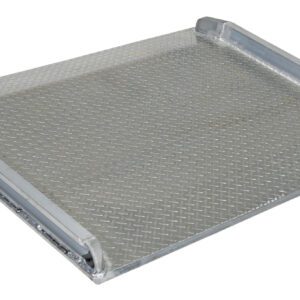 The Vestil Aluminum Truck Dockboard 15000 Lbs 84X66 has a metallic textured surface and raised edges on three sides, ideal for bridging the dock-truck gap safely.