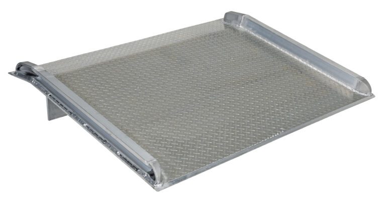 The Vestil Aluminum Truck Dockboard 20000 Lbs 72X60 features a durable diamond plate surface and raised edges on three sides, designed for heavy-duty tasks. It supports up to 20,000 lbs and is ideal for loading or enhancing accessibility.