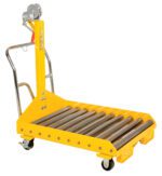 The Vestil Battery Transfer Platform W/Caster Winch is a yellow platform cart equipped with metal rollers, a hand crank winch, a sturdy handle, and caster wheels, ideal for efficiently transporting heavy loads.