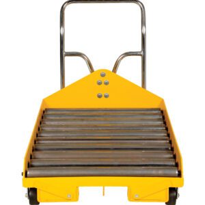 A front view of a yellow hand truck, similar to the Vestil Battery Transfer Platform W/Casters, shows a sturdy metallic handle and two black wheels, enhanced by metal rollers for easy movement.