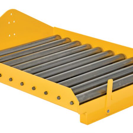 The Vestil Battery Transfer Platform includes a yellow metal roller conveyor section with multiple cylindrical rollers and a triangular end plate.