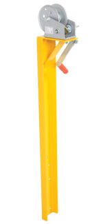 The yellow metal winch post features a silver hand-crank winch like the Vestil Battery Transfer Platform Winch Only. It has a gear mechanism, red handle, and multiple holes for easy mounting or adjustments.