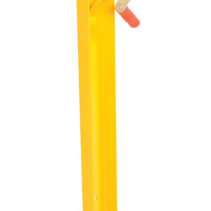 The yellow metal winch post features a silver hand-crank winch like the Vestil Battery Transfer Platform Winch Only. It has a gear mechanism, red handle, and multiple holes for easy mounting or adjustments.