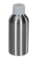 The Vestil Aluminum Metal Bottle 2 Oz features a sleek silver cylindrical design with a white screw-on cap. Its smooth, reflective surface stands upright against a plain white background, combining stylishness with compact functionality.