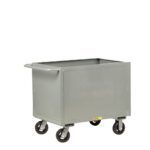 The Little Giant Sheet Steel Box Truck is a large gray utility cart with an open top, solid sides, four swivel wheels, and a sturdy handle for easy maneuverability, ideal for transporting items in industrial or commercial settings.
