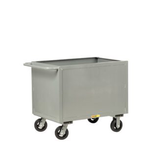 The Little Giant Sheet Steel Box Truck is a large gray utility cart with an open top, solid sides, four swivel wheels, and a sturdy handle for easy maneuverability, ideal for transporting items in industrial or commercial settings.