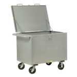 The Little Giant Sheet Steel Box Truck with Hinged Lid is a large, gray, rectangular steel container on wheels. It features side handles and an open-up lid, ideal for industrial or commercial applications.