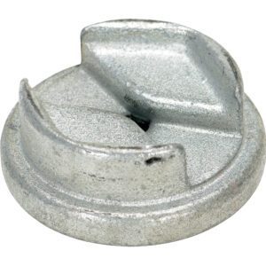 A round silver metal object with a flat base and two raised curved sections on top, resembling the Vestil Zinc Drum Bung Socket 3/8 In Drive, rests on a white background, showcasing its textured surface.