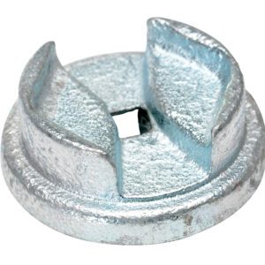 A metallic silver grinder blade with a textured surface features a circular base like the Vestil Zinc Drum Bung Socket 1/2 In Drive, with two curved raised blades and a central square hole, used mainly for grinding and cutting.